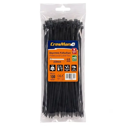 Δεματικά Καλωδίων Νάυλον Μαύρα 4.8x250mm Cresman (07356)