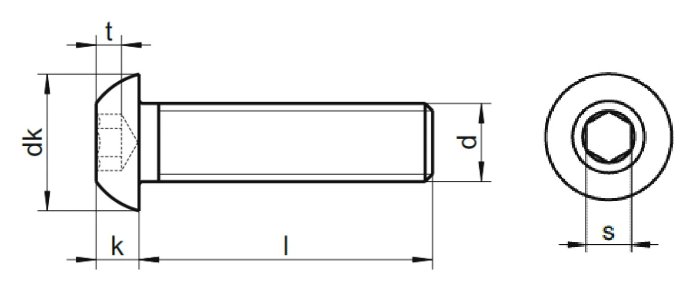 Σχέδιο διαστάσεων βίδας άλλεν πομπέ DIN 7380: dk, k, t, s, d, l
