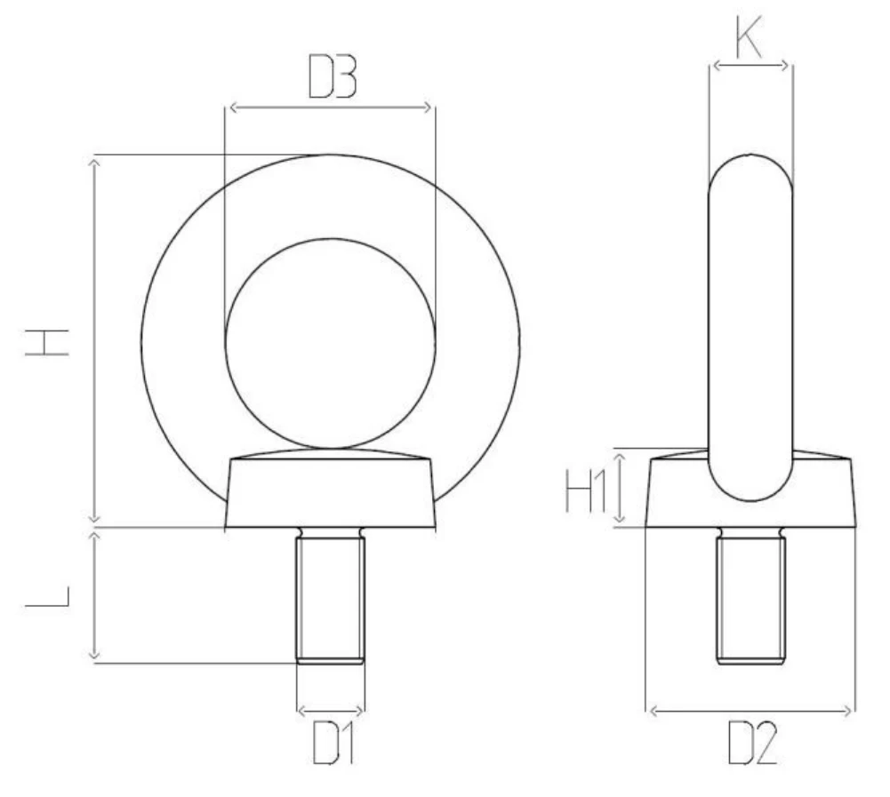 Σχέδιο διαστάσεων μάπας αρσενικής DIN 580: D1, L, D2, D3, H, H1, K