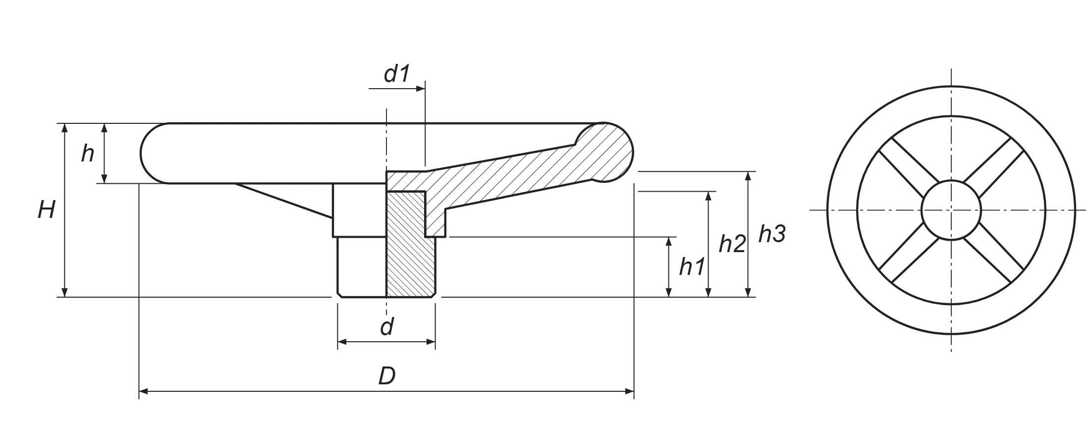 Σχέδιο διαστάσεων βολάν 4 ακτίνων: D, d, d1, H, h, h1, h2, h3